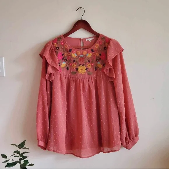 Jodifl Swiss Dot Rust Floral Embroidery Top - Picture 3 of 8